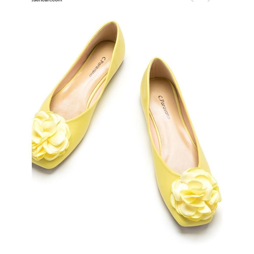 C.PARAVANO Yellow Floral Square Toe Soft Leather Flats